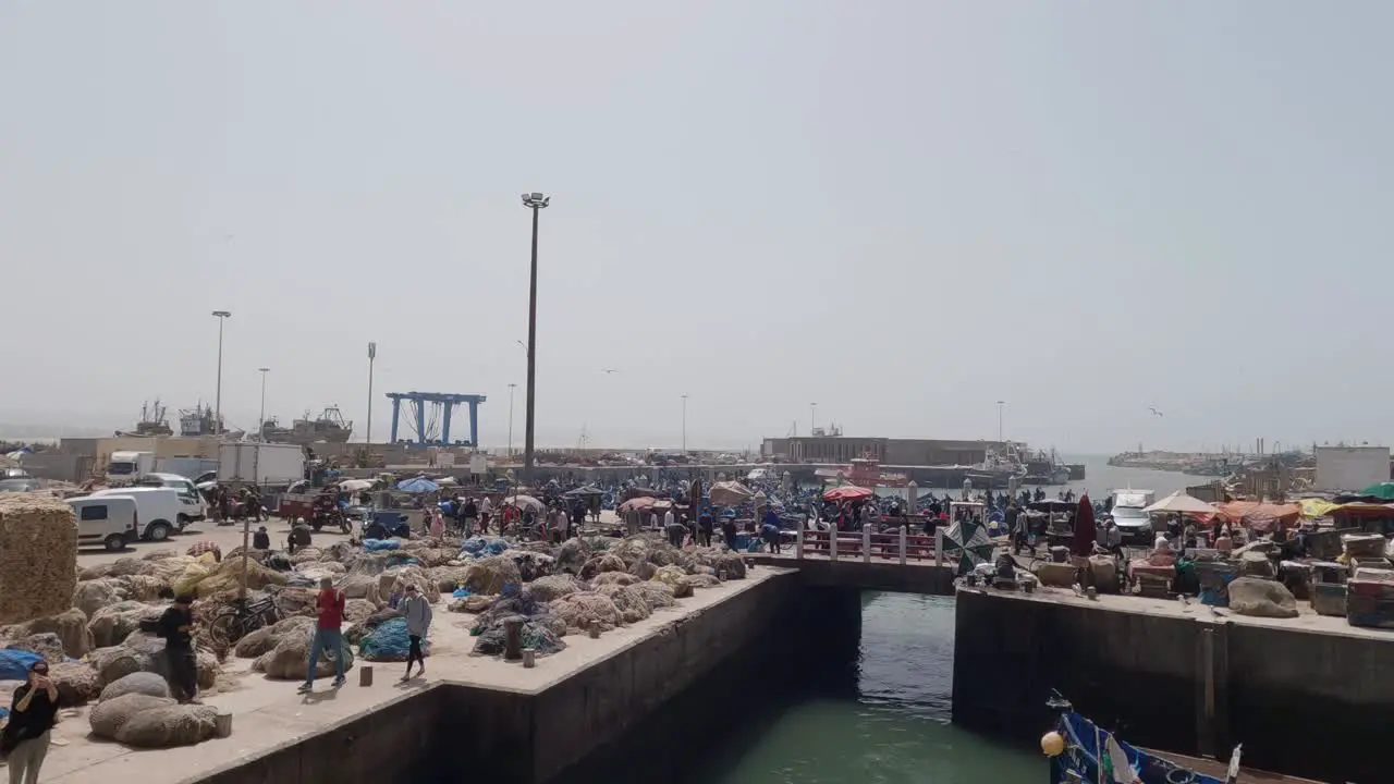 View of the busy and active harbor in Essaouira Morocco