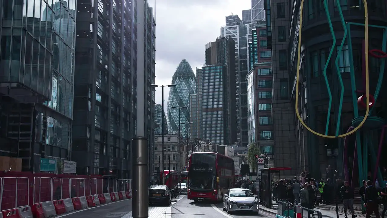 London England -September 29 2021 Buses and cyclists traffic on Liverpool Street in the heart of the financial district in the City of London near Liverpool street train station