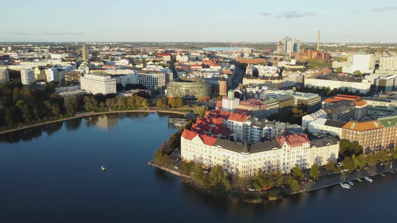 Evening golden hour aerial over old Europe buildings in Helsinki FIN