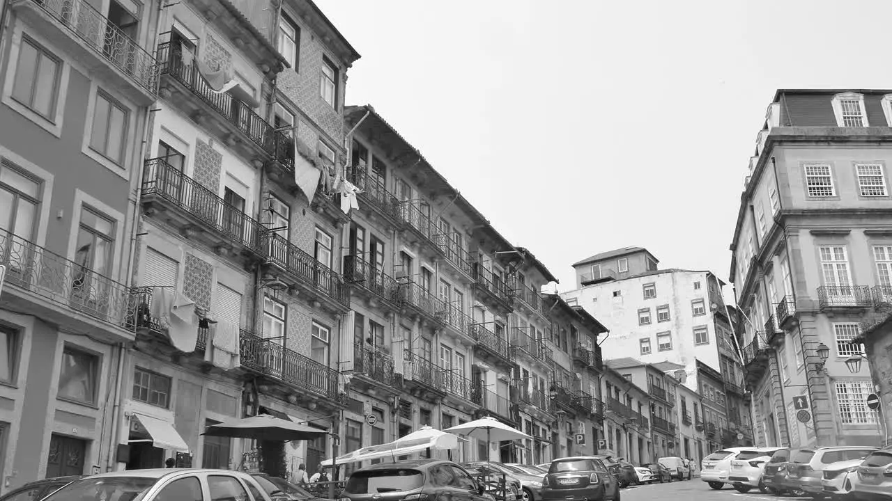 Black and white video of the historic center of Porto Portugal