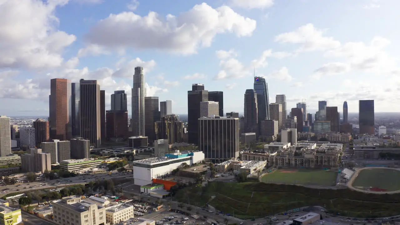 Descending shot of DTLA skyline during early sunset