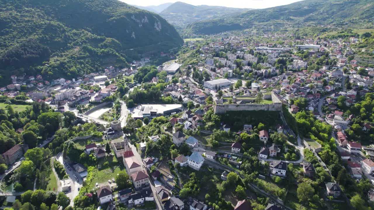 Aerial View Over Walled Fortress Overlooking Jajce Small city in Bosnia And Herzegovina