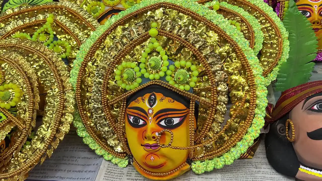 Close up shot of chou masks of goddess Durga in a handicraft exhibition in Purulia India