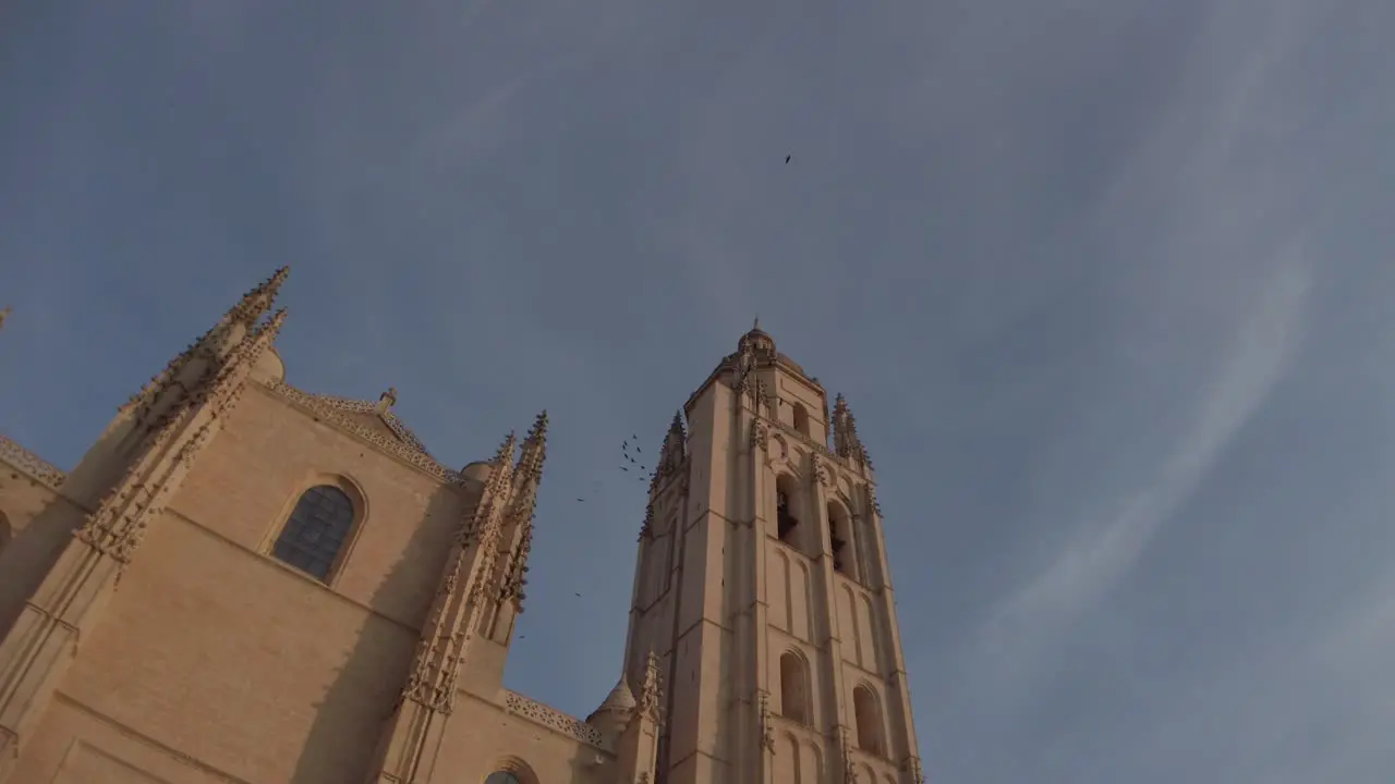 tower of the cathedral of segovia with crows around