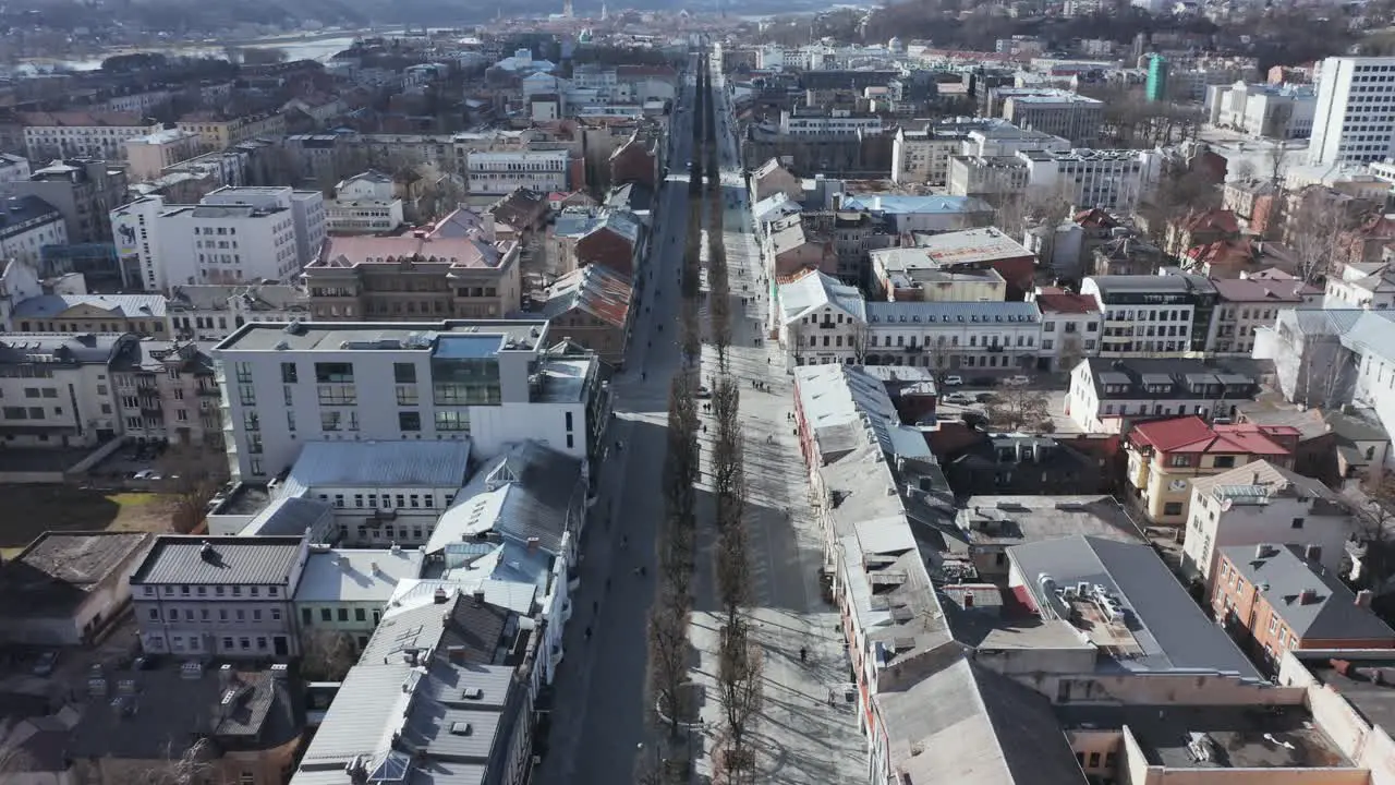 AERIAL Flying Above Laisves Avenue in Kaunas on a Sunny Day