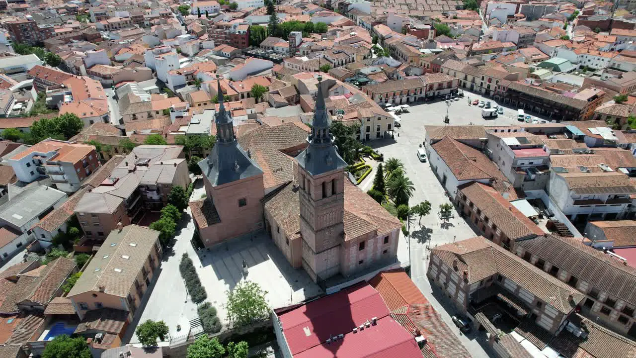 Orbital view Over Parish Church of Our Lady of the Assumption in Naval Carnero Spain