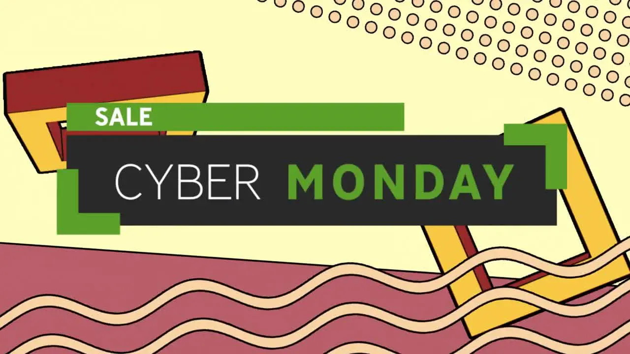 Animation of cyber monday text banner against colorful abstract shapes in seamless pattern