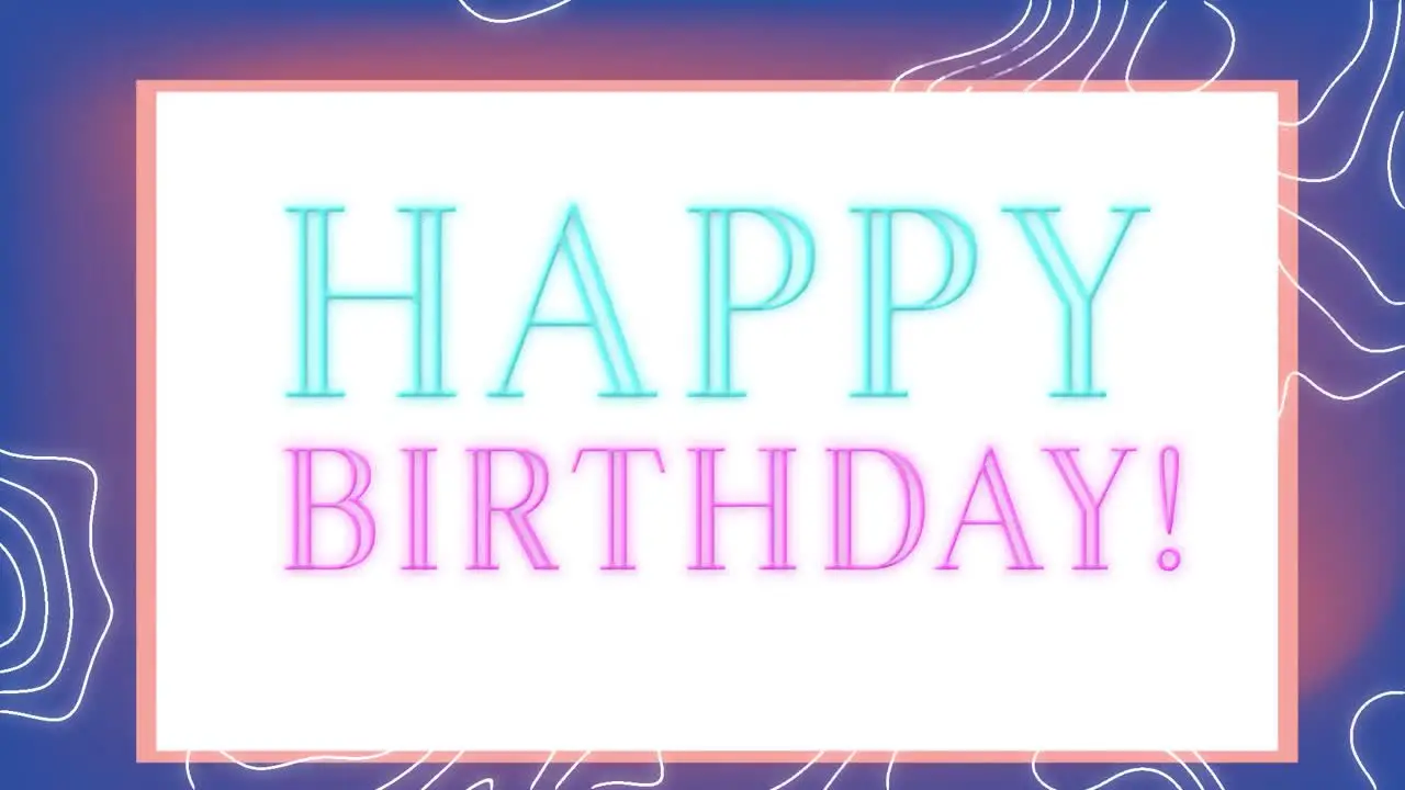 Animation of happy birthday text in rectangle over abstract pattern against blue background