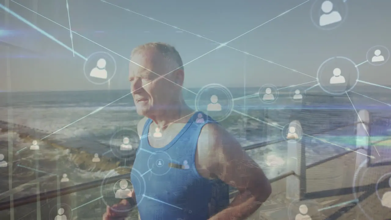 Animation of connections over senior caucasian man running