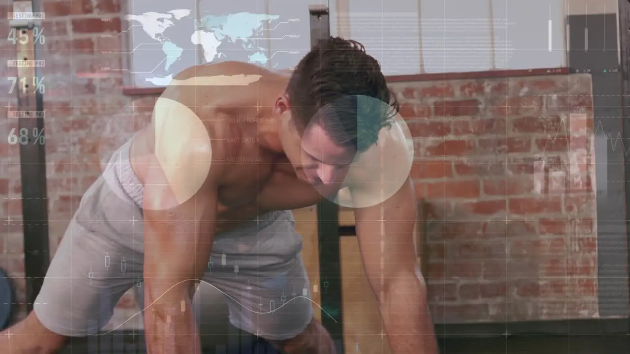 Animation of statistical data processing over caucasian fit man working out with kettlebell at gym