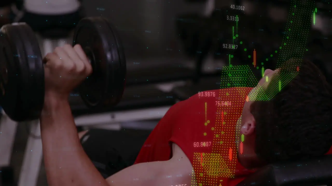 Animation of financial data processing against fit man working out with dumbbells at the gym