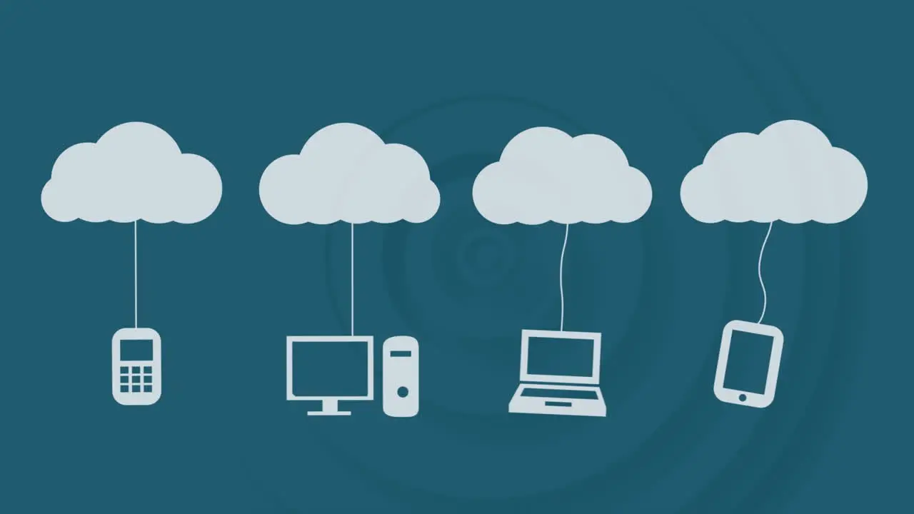 Animation of multiple wireless technologies icons hanging on clouds against blue background