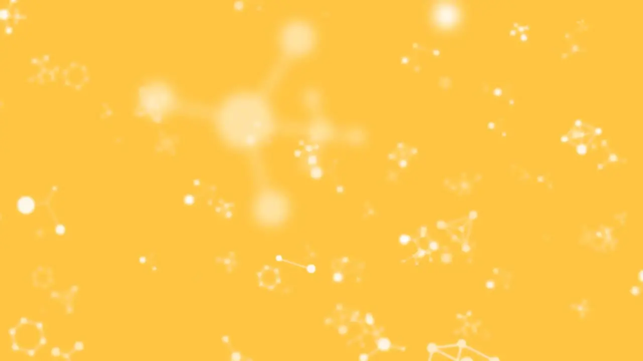 Digital animation of paper burning over molecular structures floating against yellow background