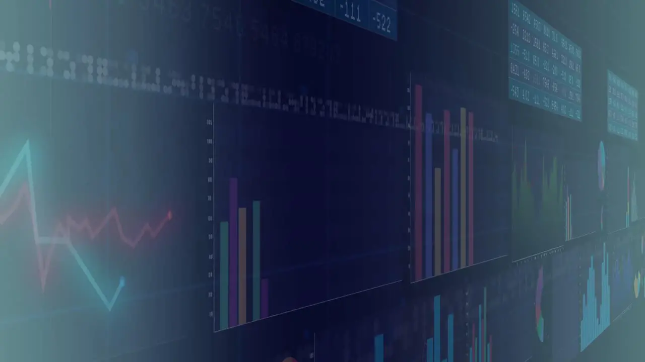 Animation of multiple graphs with numbers and loading circles against abstract background