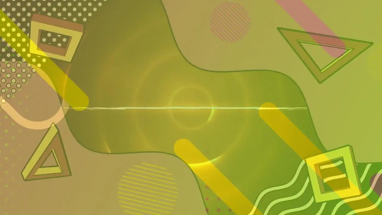 Digital animation of colorful abstract shapes moving against yellow background