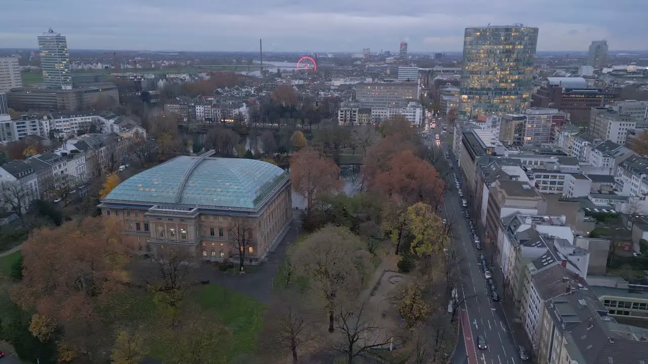 Drone pan shot of Kunstsammlung K21 a modern art museum located in Ständehauspark in Dusseldorf Germany