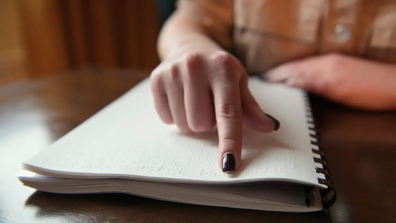 Vista De Cerca Del Dedo De Una Mujer Ciega Tocando Las Letras De Un Libro Braille 1