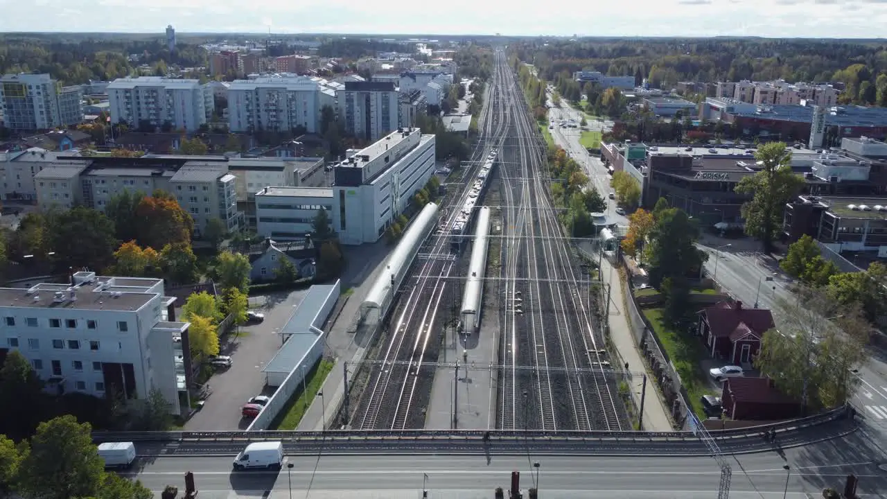 Aerial view Train leaves Kerava Finland heading south to Helsinki