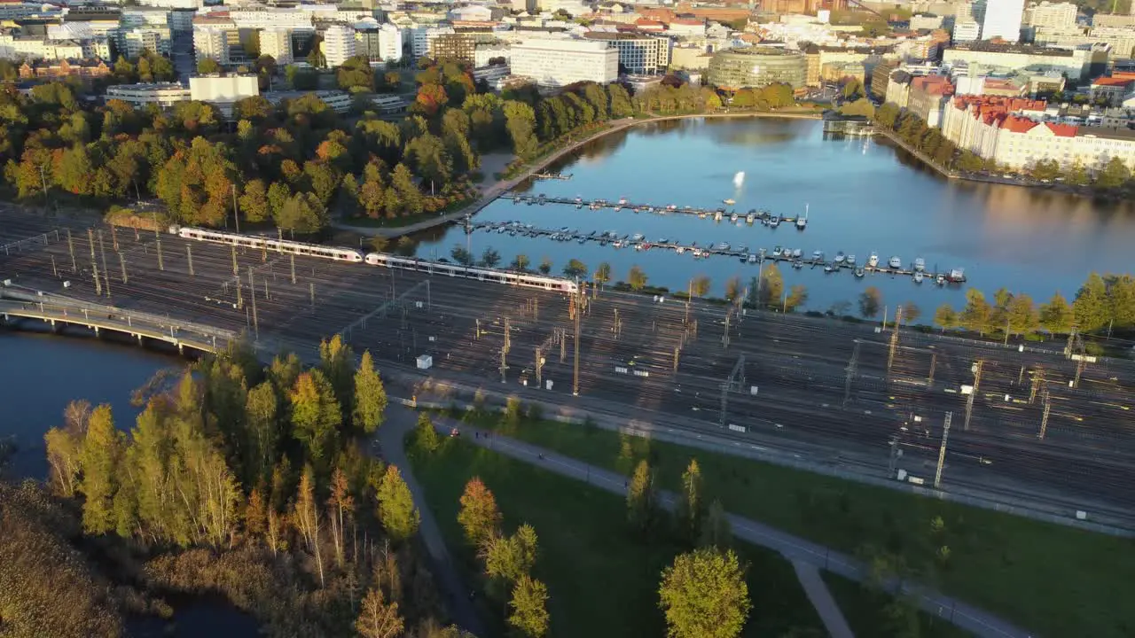 Aerial rotates to track train entering Helsinki Central Train Station