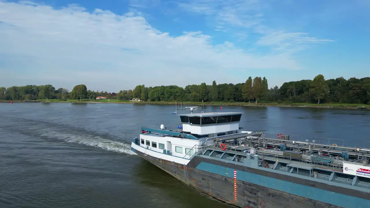 Aerial Parallax Shot View Across Bridge Of Comus 2 Inland Tanker Along Oude Maas