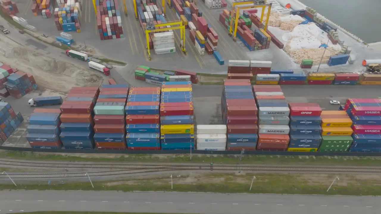 An aerial view shows cargo sea containers lined up in the container terminal in the port area in Klaipeda