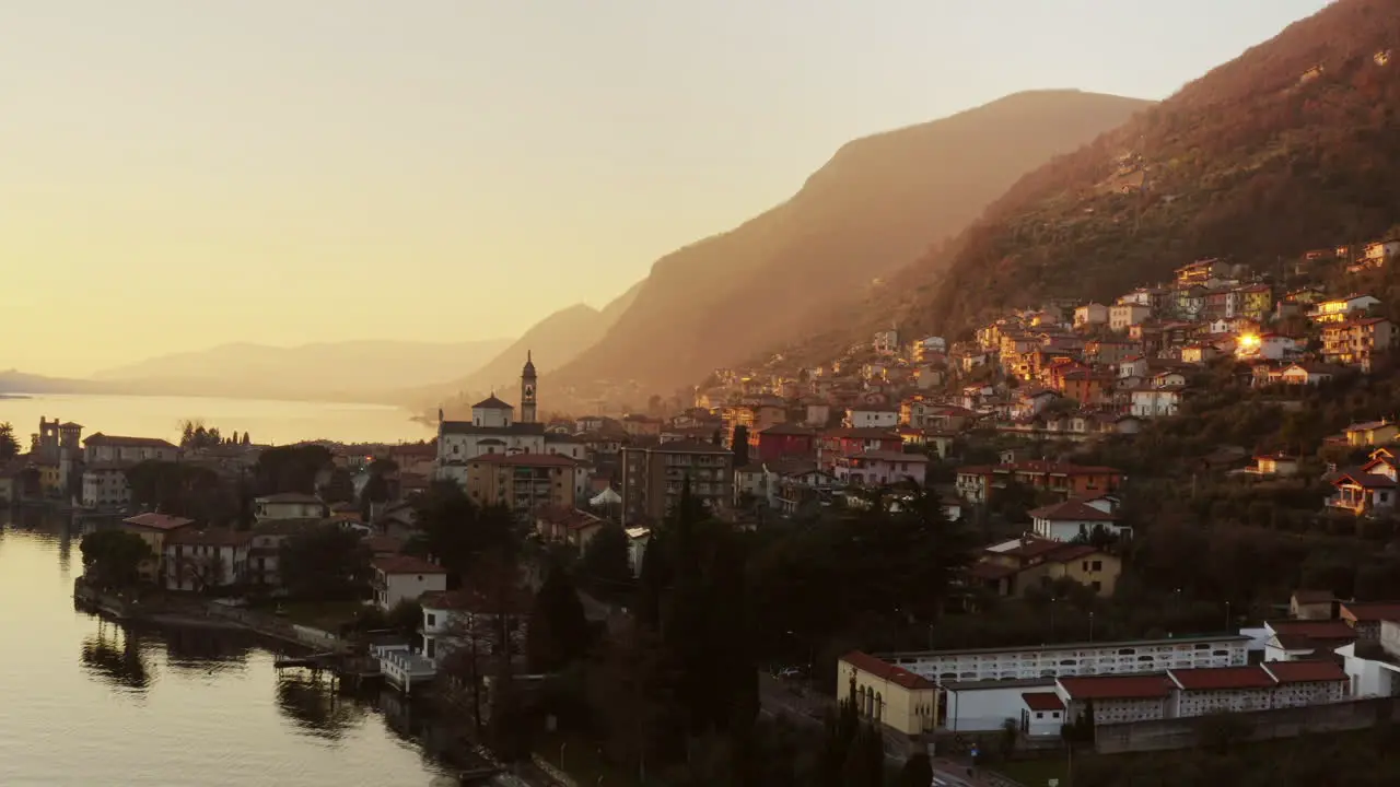 sunset drone shot over Iseo Lake Italy