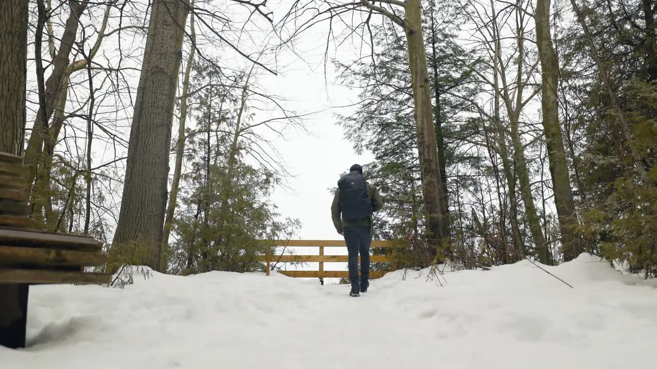 Young Adult Hiker with backpack walks towards view point in winter forest