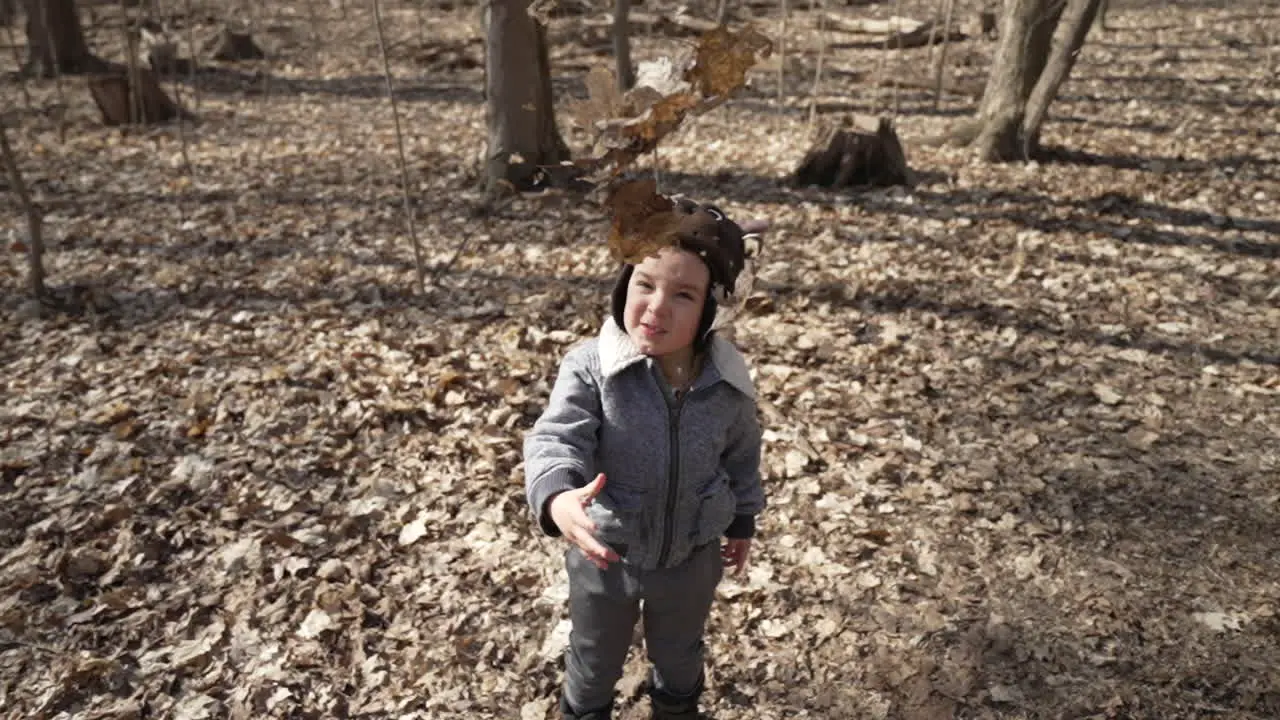 Cute toddler boy throwing leaves in the air