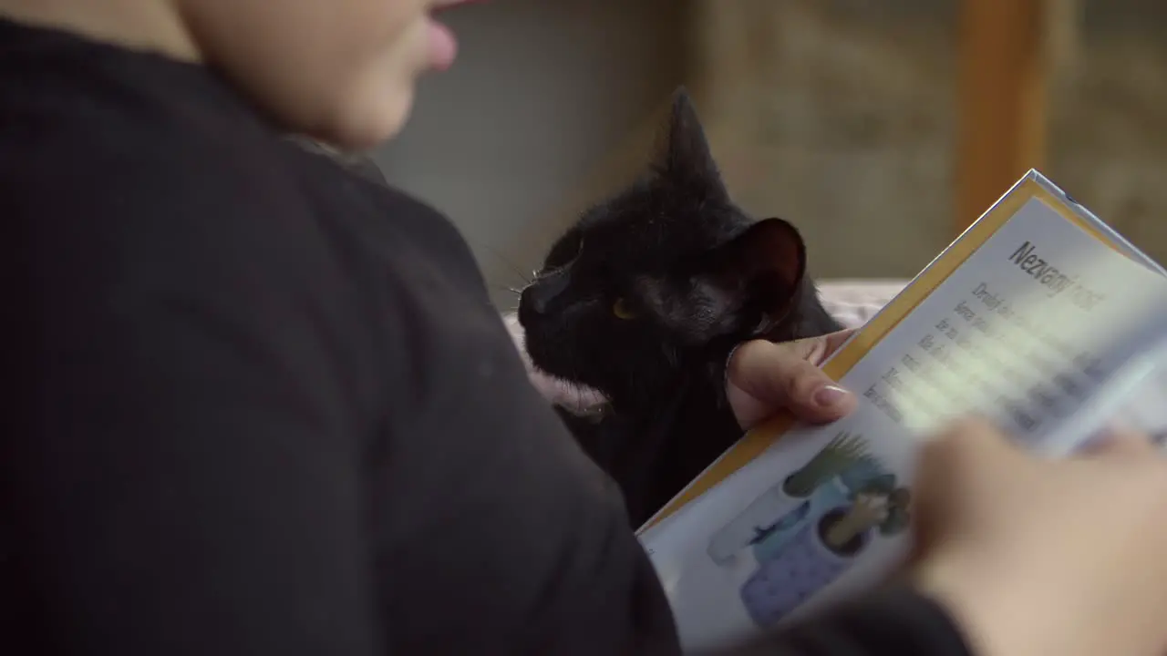 A little boy reads from a children's book while his cat listens carefully sitting nearby