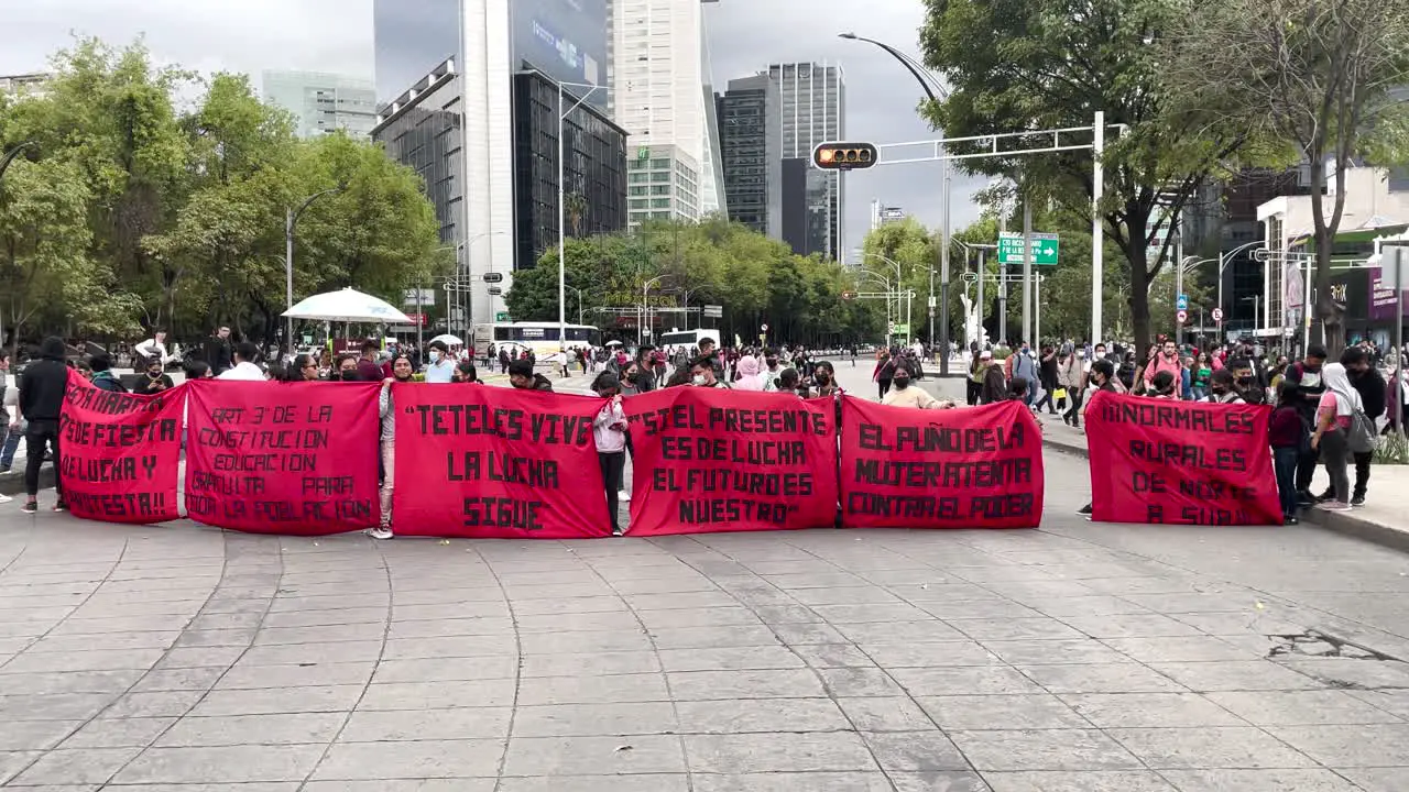 frontal shot of students blocking the main avenue of mexico city in demonstration