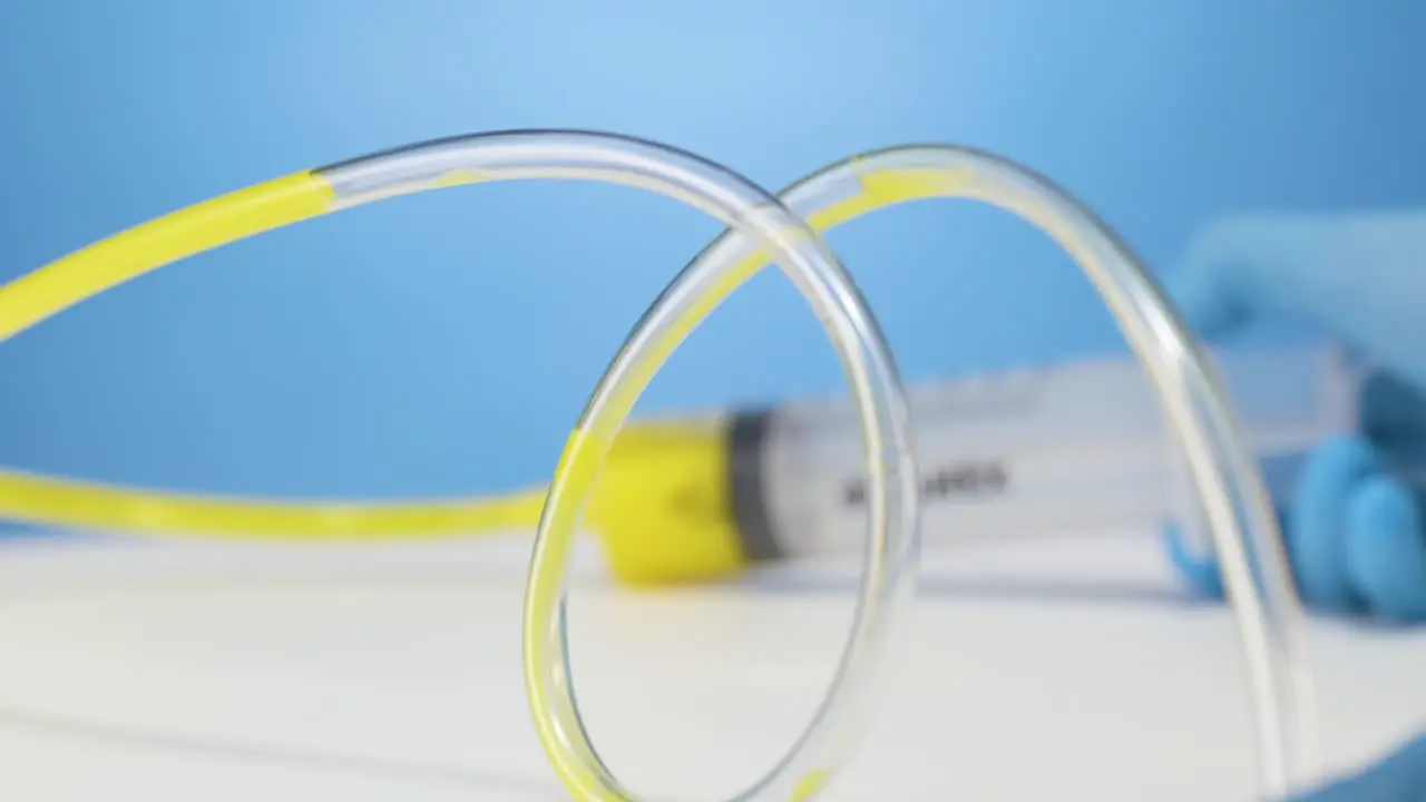 Yellow liquid flows through transparent tube medical syringe studio shot