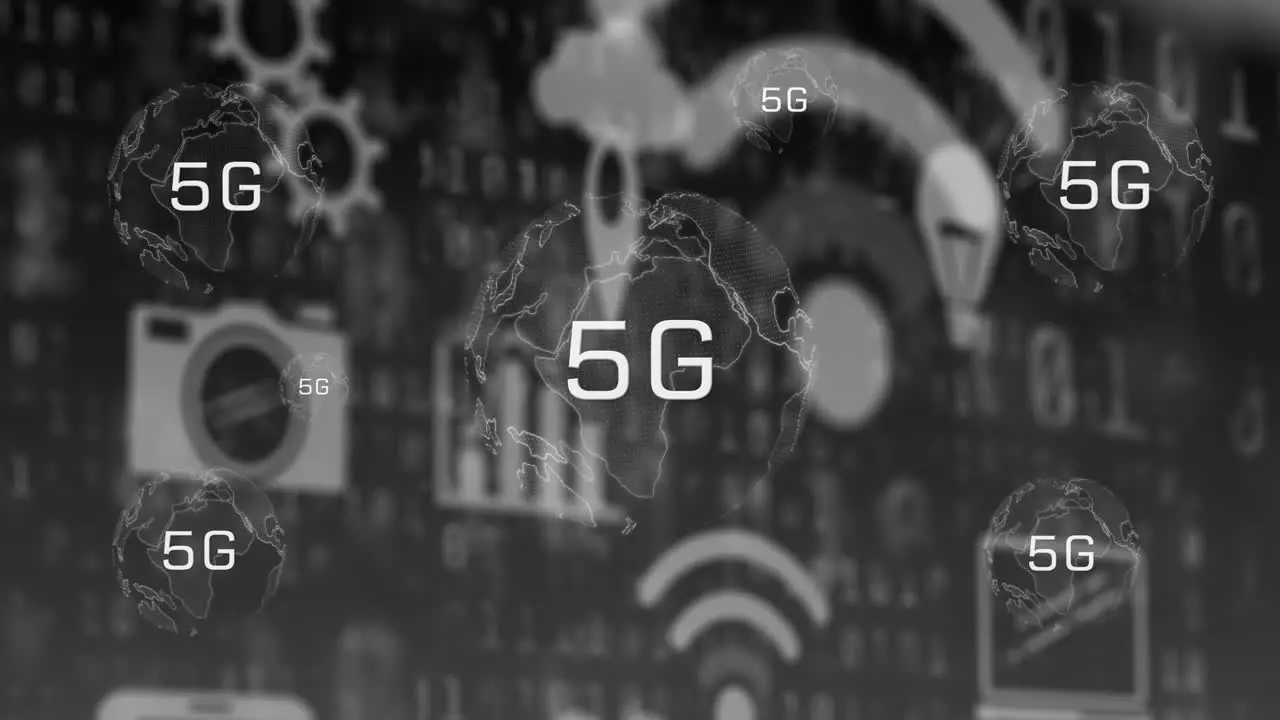 Animation of 5g over globe and connections on digital screen with tech icons