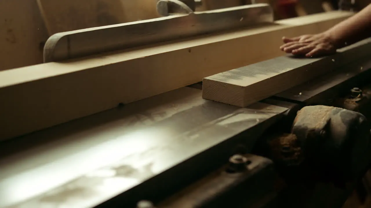 Unknown carpenter cutting wood in workshop Man preparing plank in studio