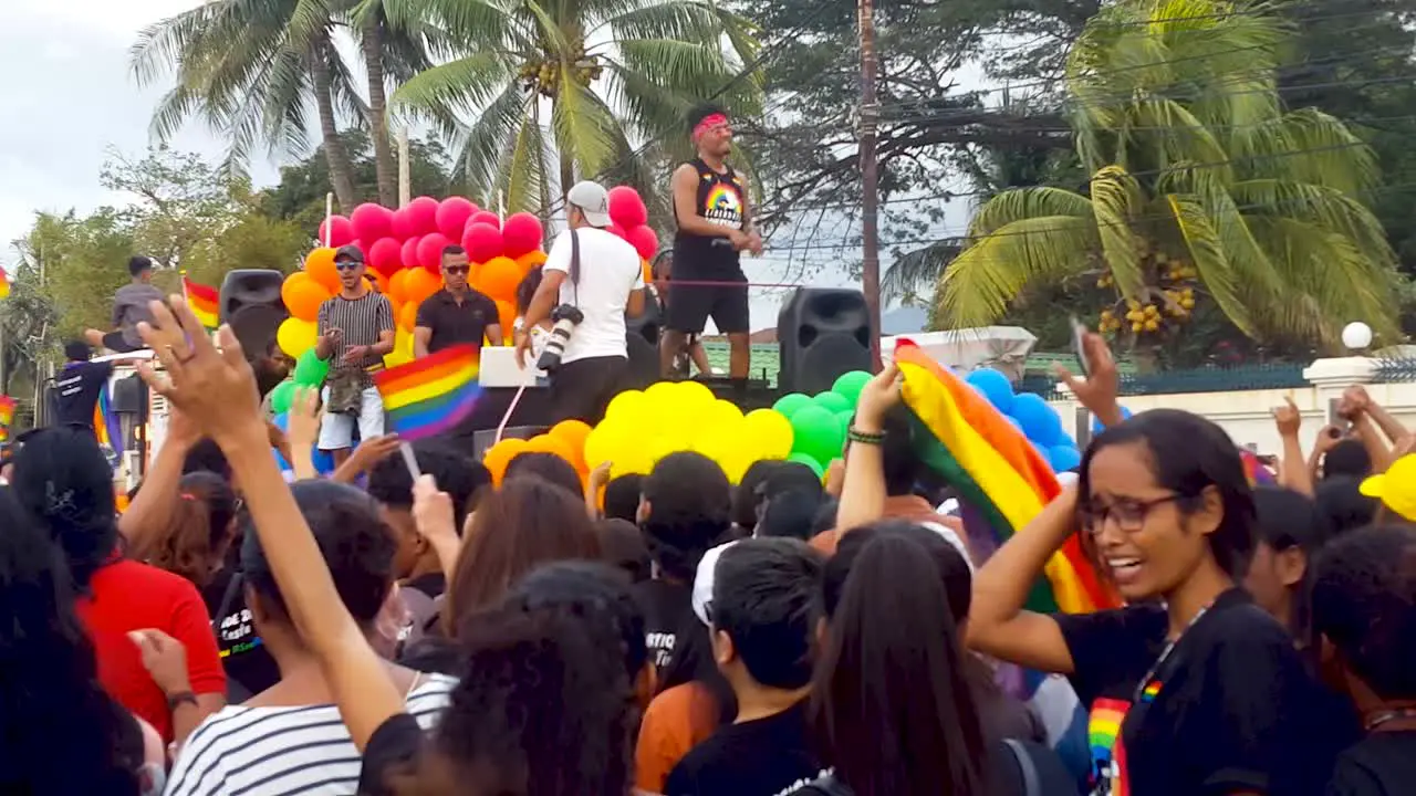 Carnival party and people singing and dancing at the LGBT PRIDE parade 2019 in Dili Timor Leste Southeast Asia