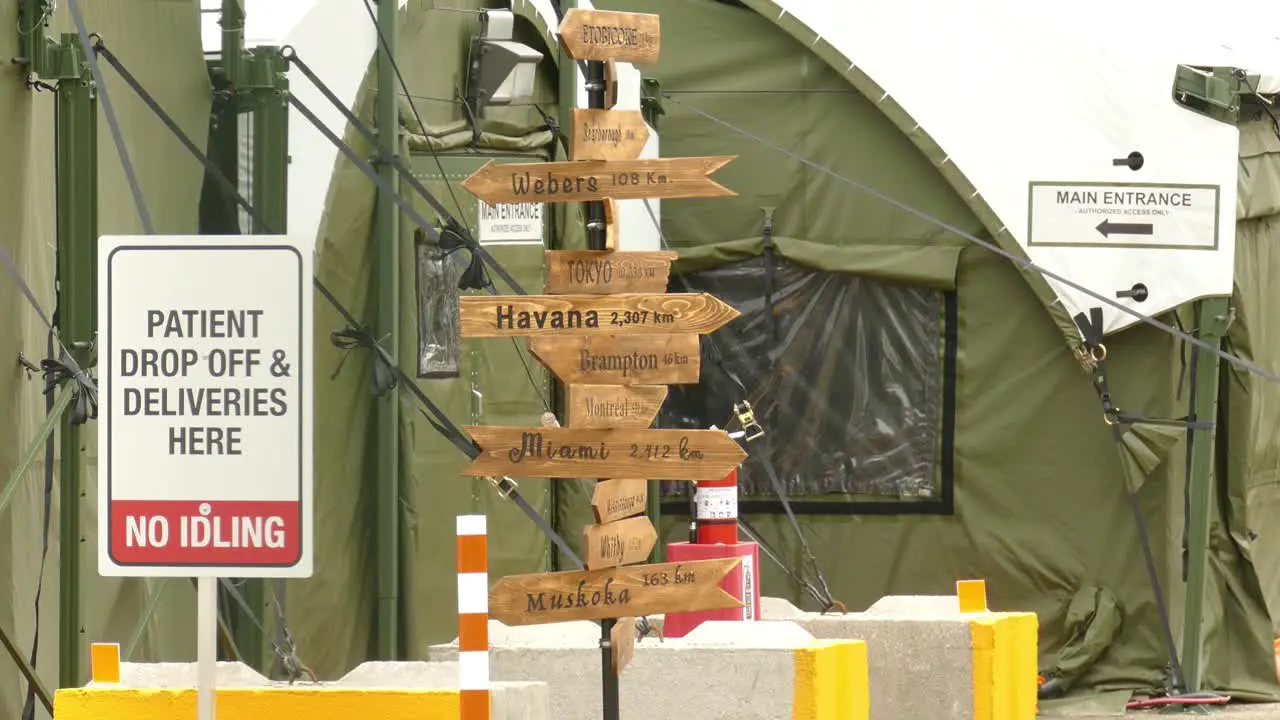 central post sign at a temporary army hospital base camp in Toronto