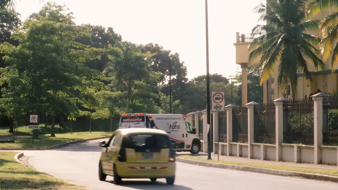 Ambulance driving in Panama City entering Amador Convention Center