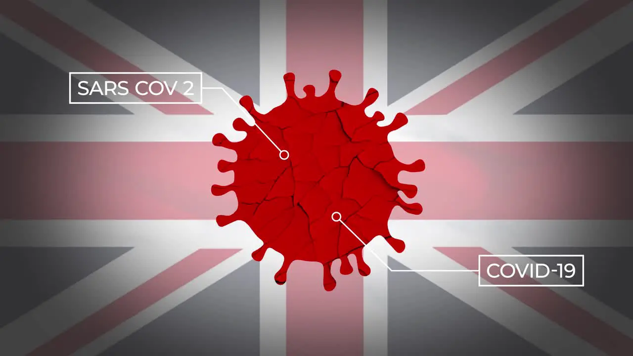 Corona virus cell spinning with United Kingdom flag in background