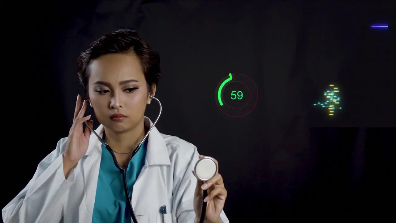 Female doctor or nurse holds up a stethoscope as if checking a patient's heart while a futuristic dispay of the health data is animated in the background