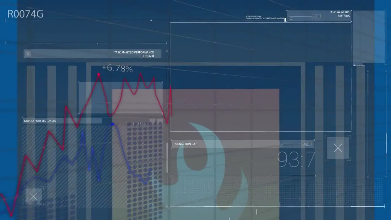 Animation of data processing firewall and digital screen on blue background