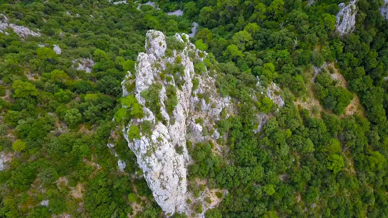 Aerial Overhead View Of Granite Rock Face Covered In Temperate Green Vegetation