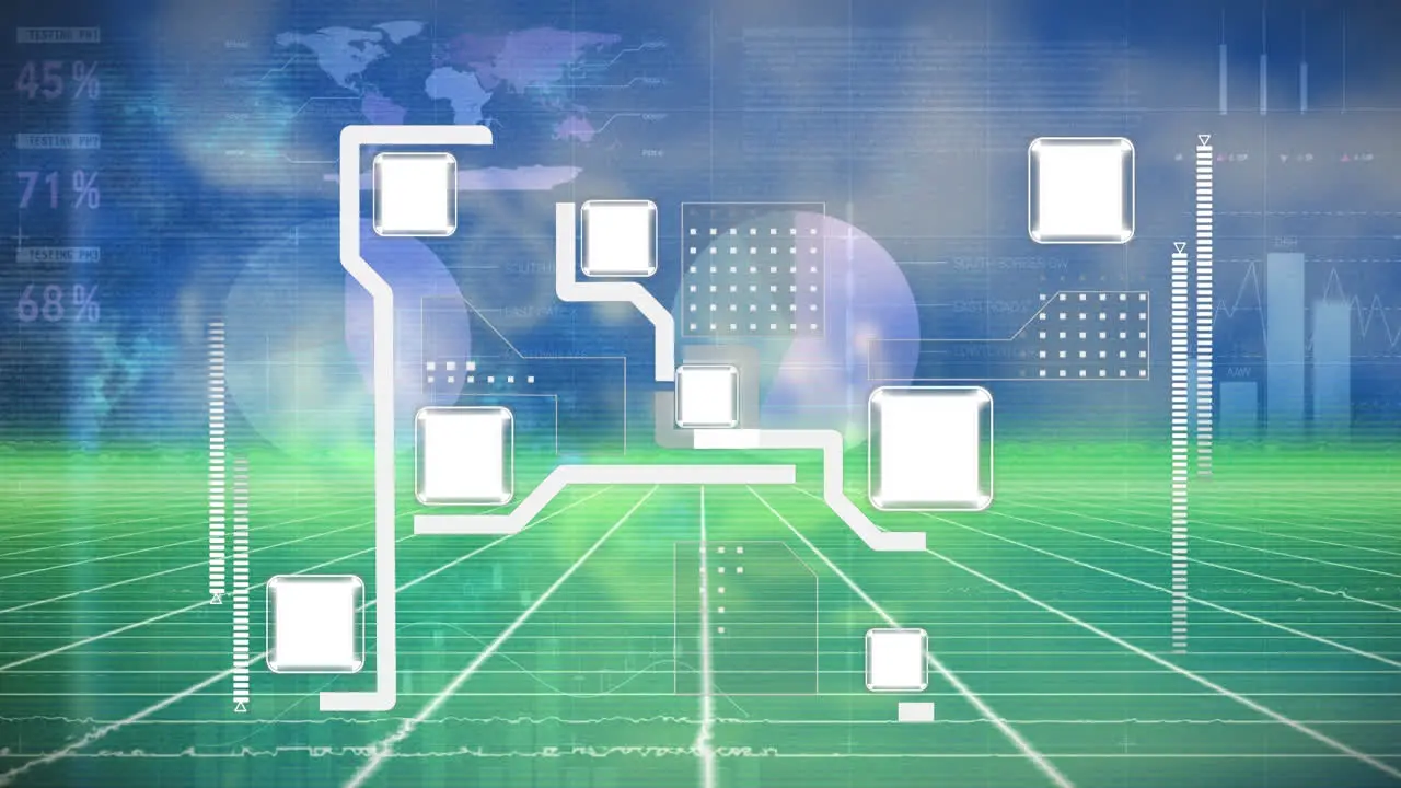 Animation of integrated circuit over financial graphs on digital screen