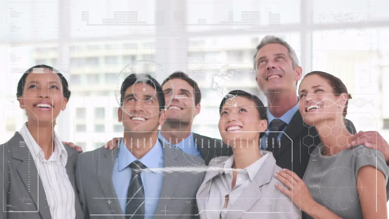 Animation of data on digital screen over happy caucasian businesspeople looking up in office