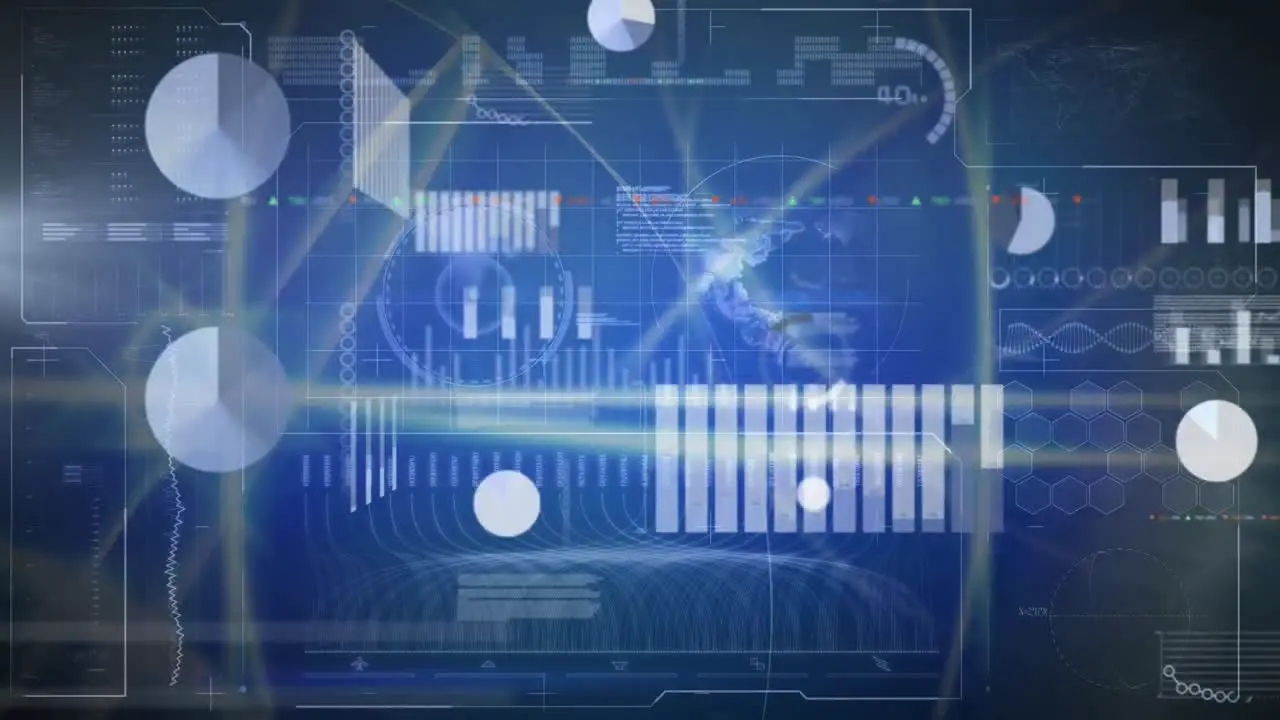 Animation of blue digital screen with diverse data processing graphs and molecules