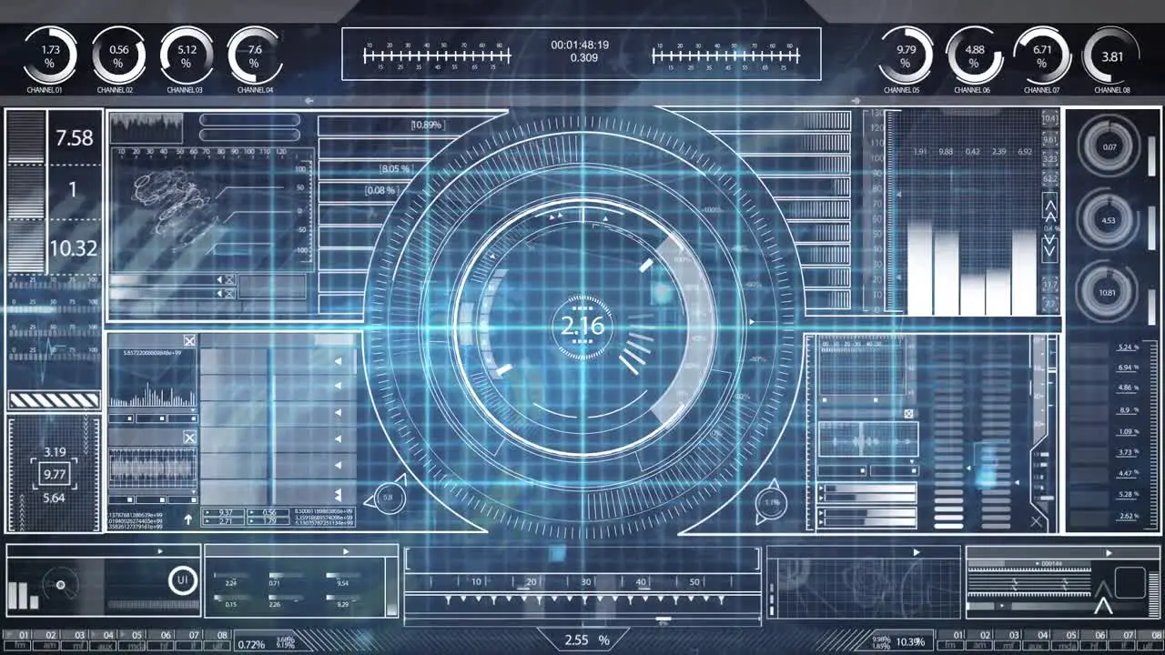 Animation of blue digital screen with diverse data processing dots and graphs