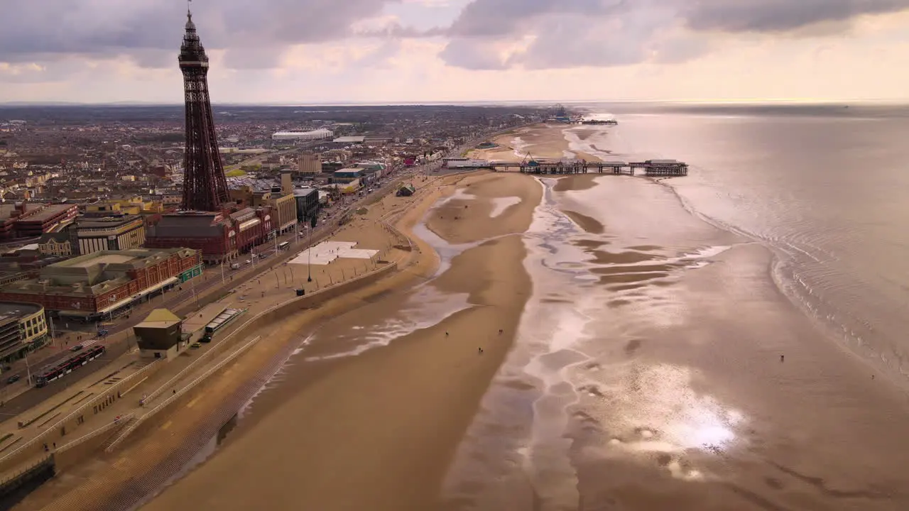 Aerial view of Blackpool Tower and Promenade in the central area of Blackpool