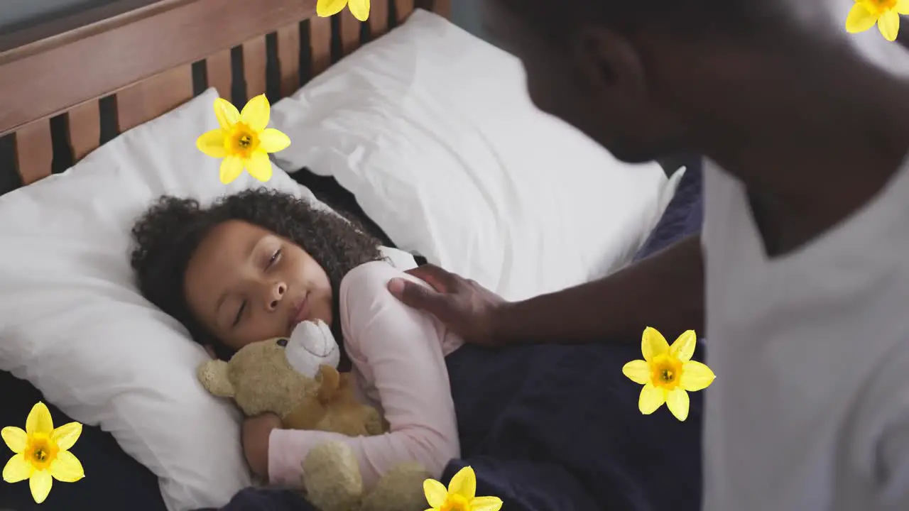 Animation of flowers over african american father waking up his daughter