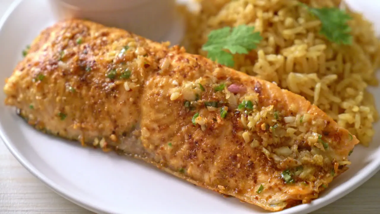 pan seared salmon tandoori with masala rice muslim food style