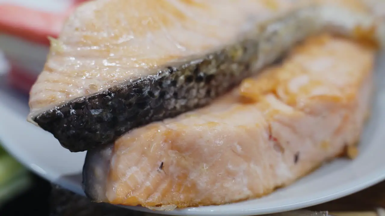 Macro Shot Of Attractive Juicy Salmon Fish Slices Prepared For Sushi Dish