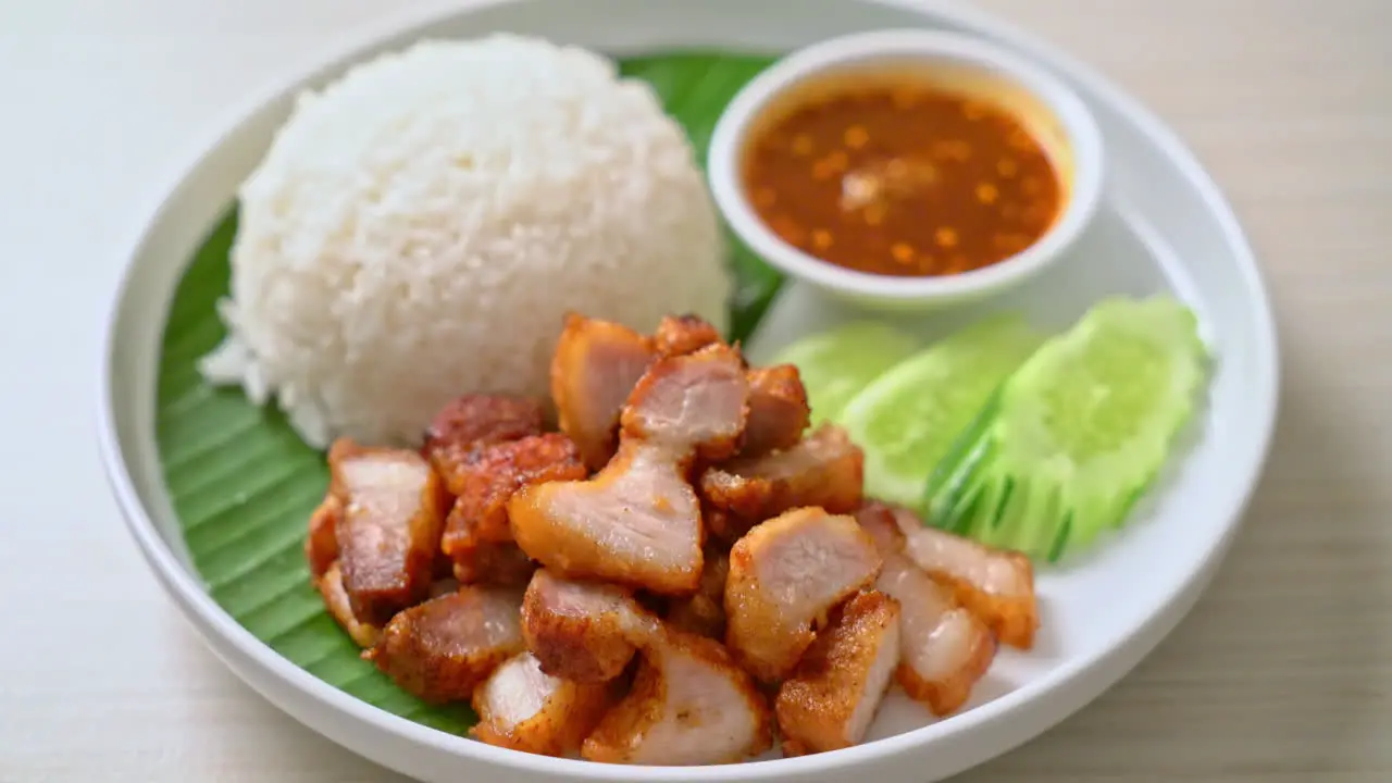 fried belly pork with rice with spicy sauce in Asian style