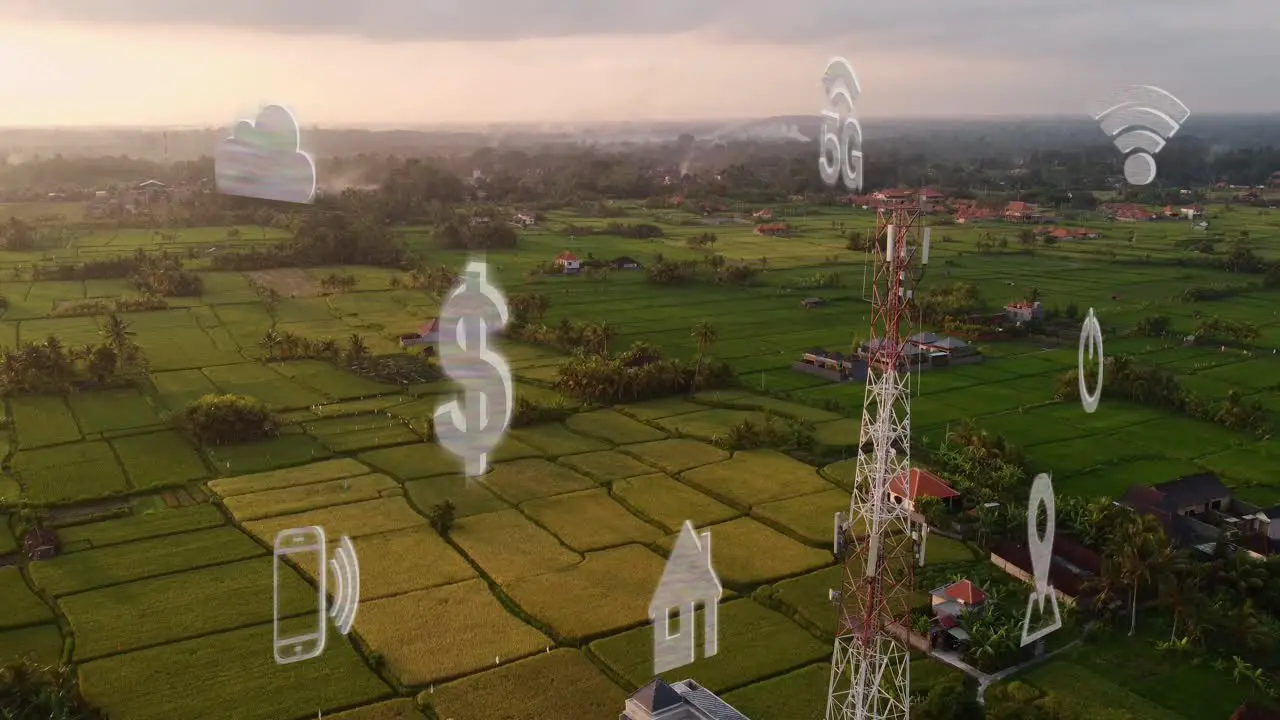 Aerial 5G 6g tower animation micro waves and Wi-Fi gps logo during sunset in remote rural area